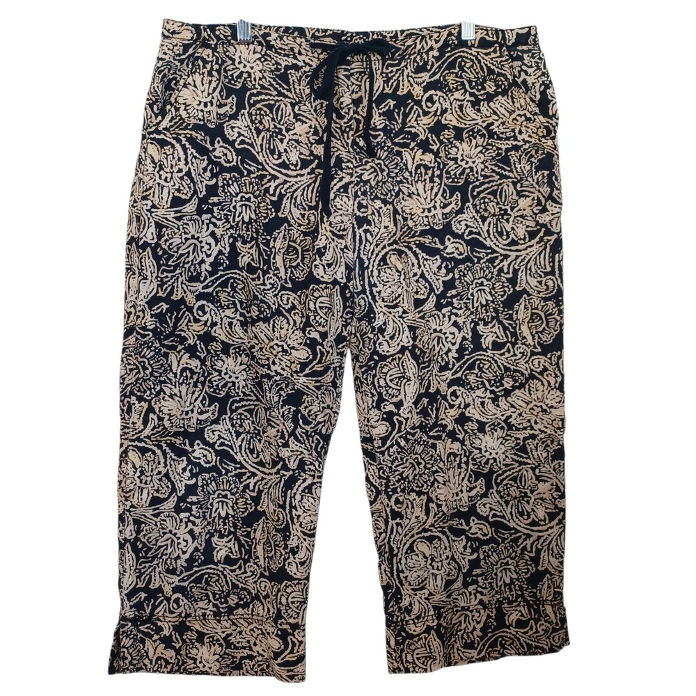 Cabi Black‎ Tan Paisley Print Cropped Linen Pants Womens Medium Drawstring Waist